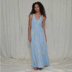 Baby Blue Fairy Floral Embroidered Maxi Dress